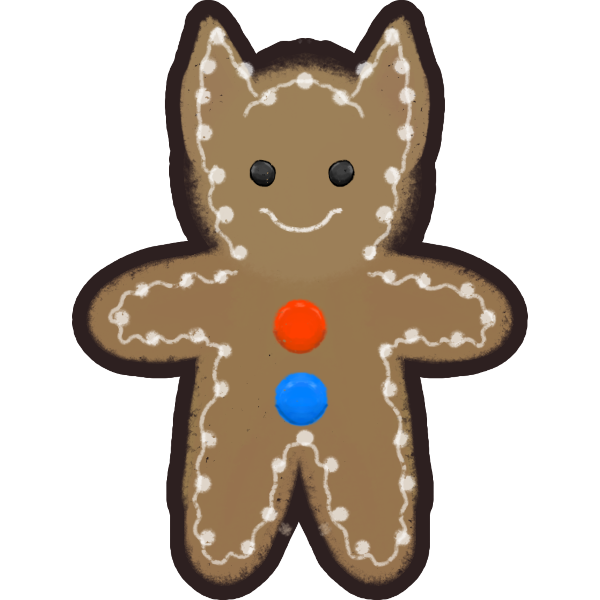 a gingerbread man cookie. It has a brown body, brown cat like ears with white frosting outlining its shape. It has black round eyes, a red and blue button on its chest, and a white frosting smile.